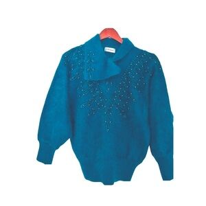 Mirano  ANGORA Sweater Lrg Beads Neck teal blue vintage
